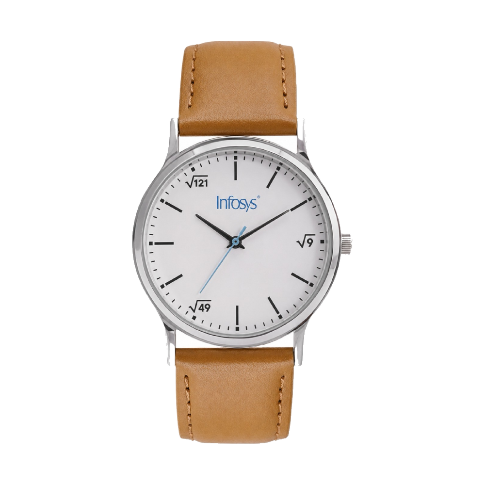 Heritage Leather corporate watch, white dial, logo at centre, customised with Infosys branding