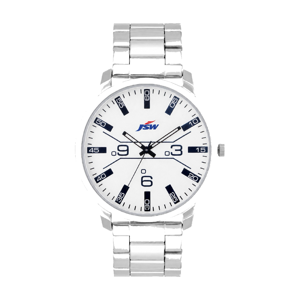 Field Steel corporate watch, white dial with applied markers, customised with JSW branding