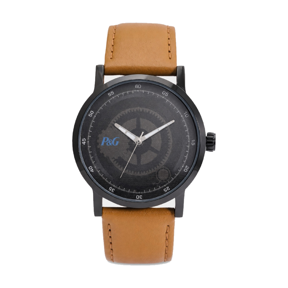 Noir Leather corporate watch, black textured dial, customised with P&G branding