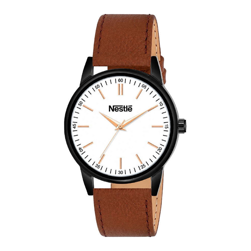 Contrast Leather corporate watch, white dial with dark bezel, customised with Nestle branding