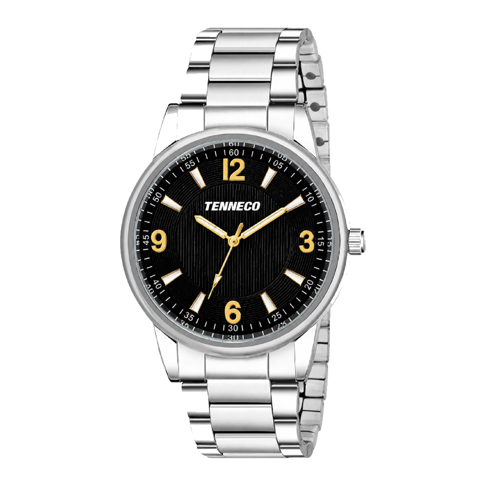 Executive corporate watch with black dial and gold-tone numerals, branded for a corporate client