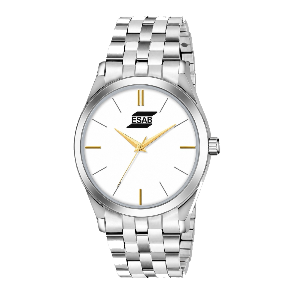 Ivory Slim corporate watch, white dial, gold-tone hands, customised with ESAB branding
