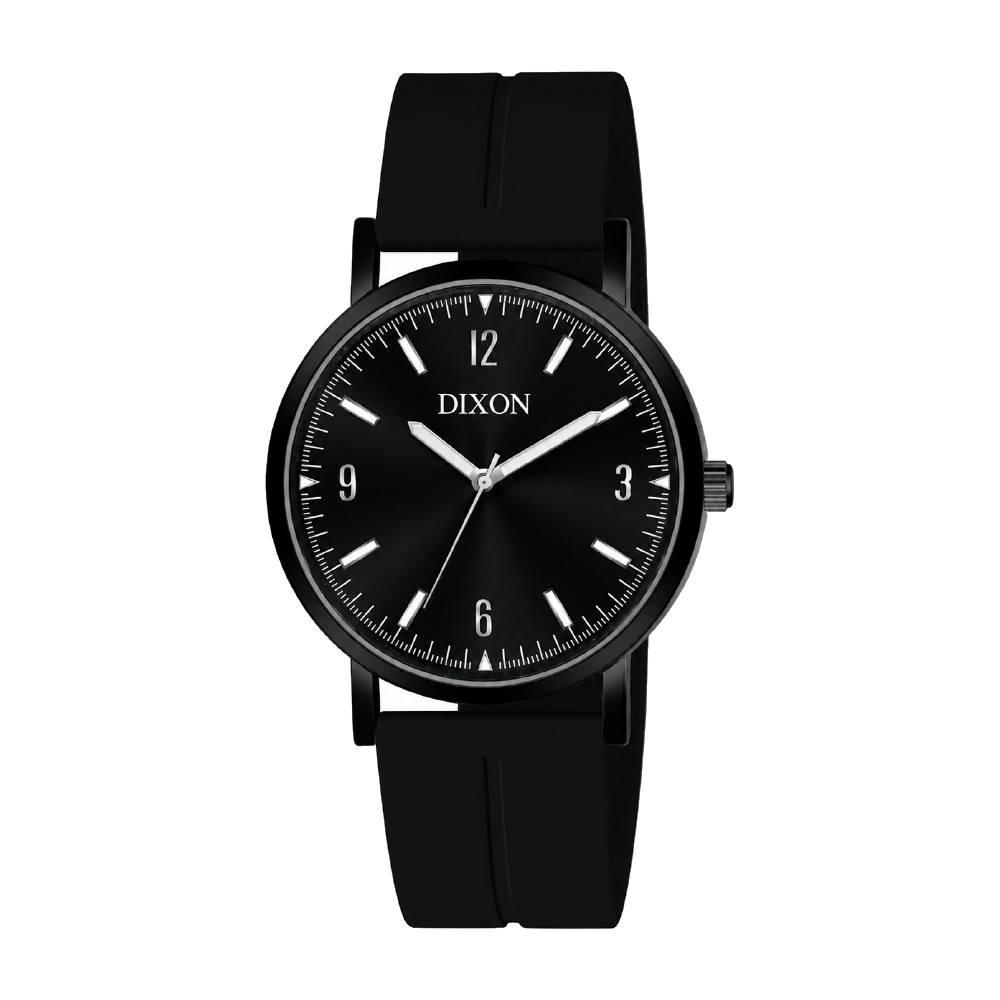 Matte Black corporate watch, black dial, contrast numerals, customised with Dixon branding