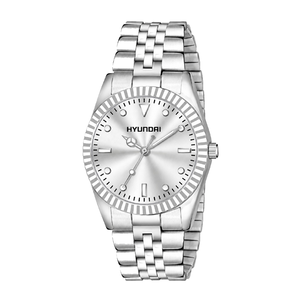 Customized corporate watch with company logo on the dial, fluted steel case and steel bracelet