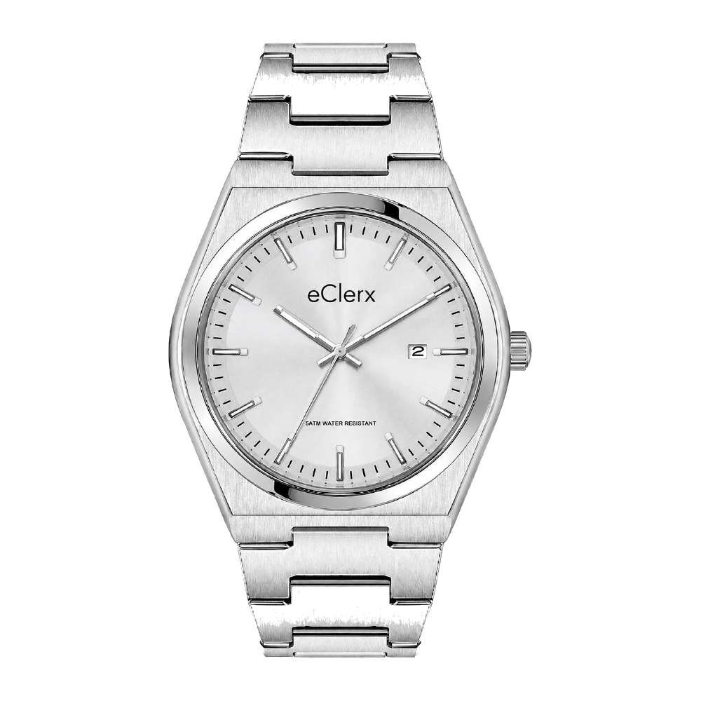 Corporate Steel corporate watch, silver dial with date, customised with eClerx branding