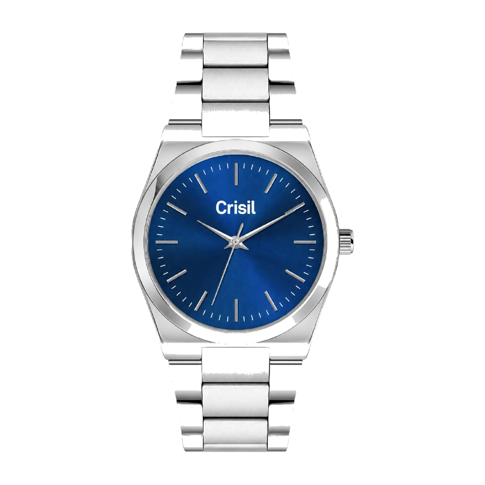 Azure Sunray corporate watch, blue sunray dial, customised with Crisil branding