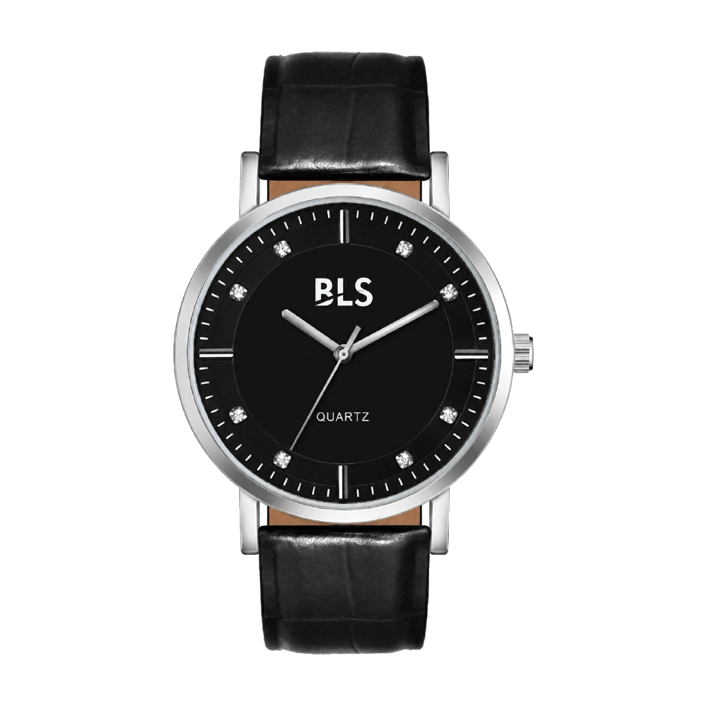 Classic Noir corporate watch, black dial, crystal markers, customised with BLS branding