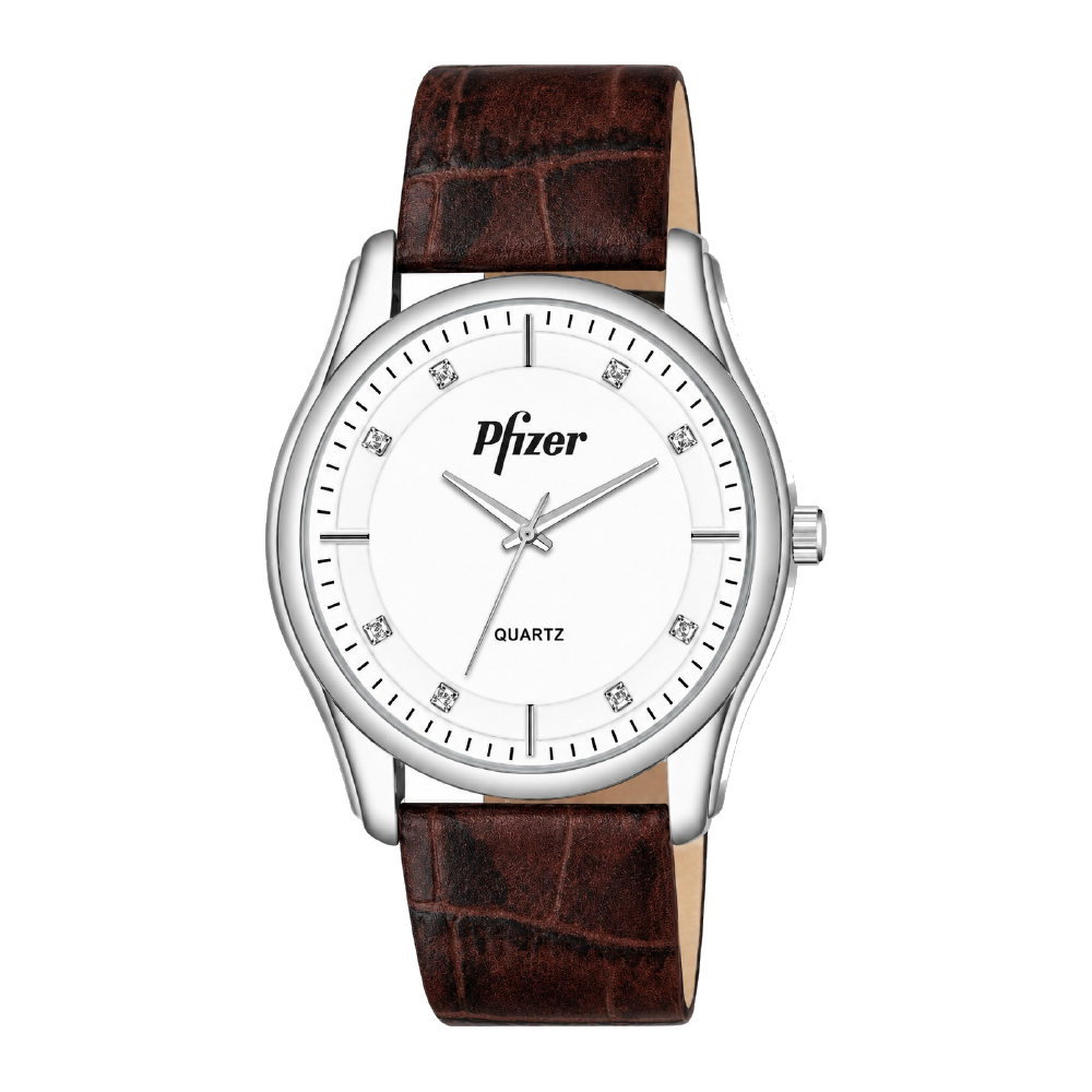 Formal Leather corporate watch, white dial, crystal markers, customised with Pfizer branding