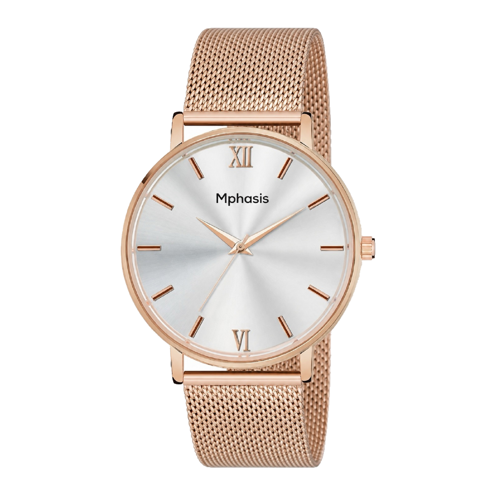 Rose Mesh corporate watch, silver dial, roman numerals, customised with Mphasis branding