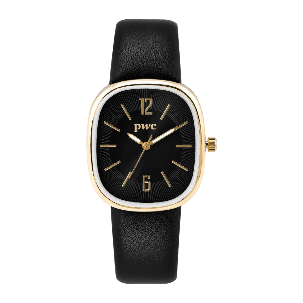 Gold Tonneau corporate watch, black dial, customised with PwC branding