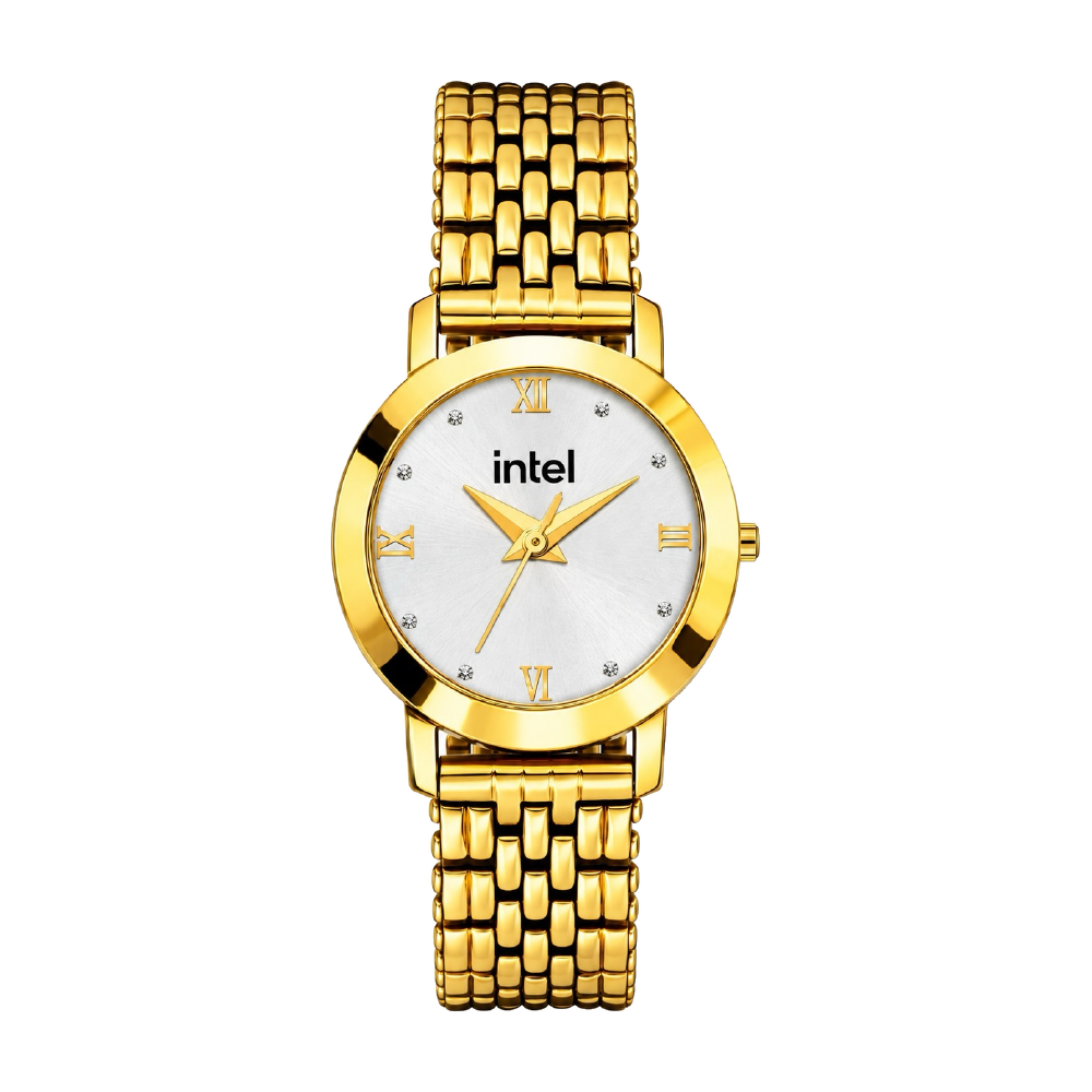 Gold Classic corporate watch, white dial, roman numerals, customised with Intel branding