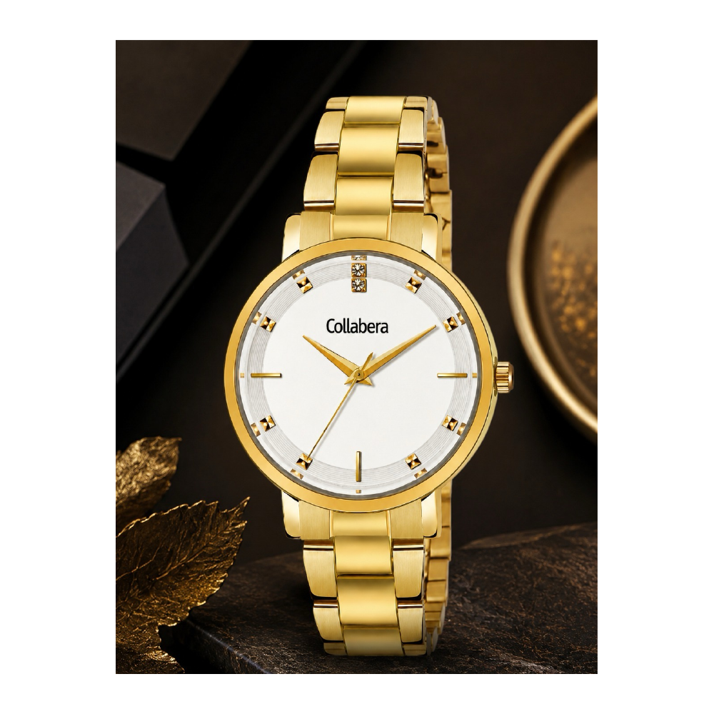 Gold Bracelet — Presentation corporate watch, white dial, customised with Collabera branding